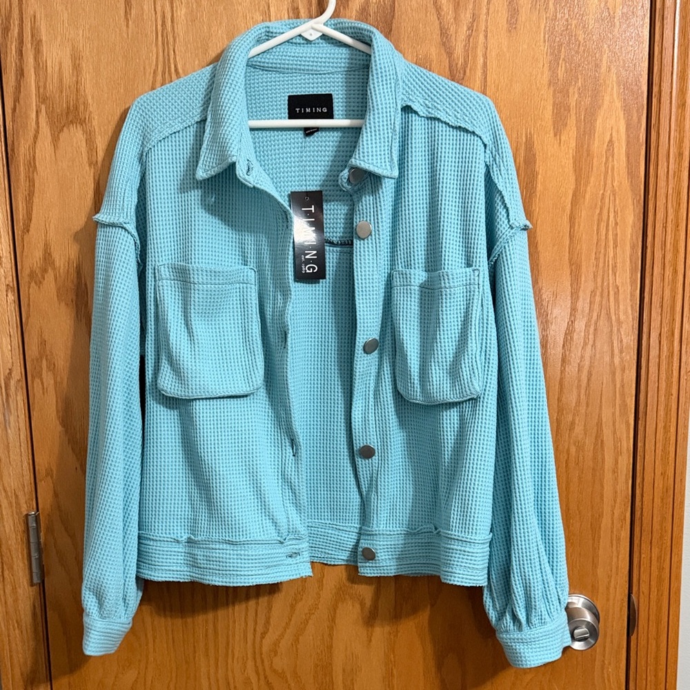 Timing Turquoise Waffle Knit Utility Jacket - Picture 6 of 8